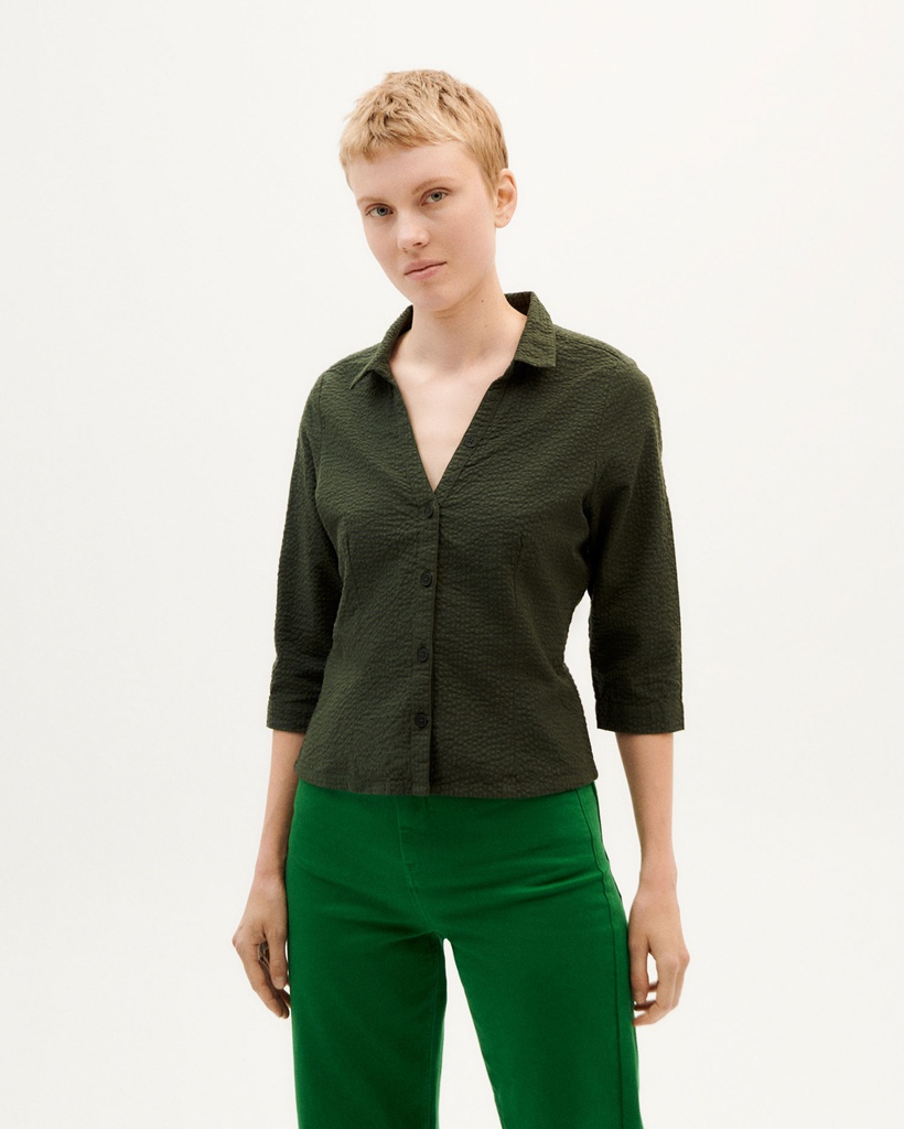 THINKING MU Skyrta Green seersucker tegra blouse