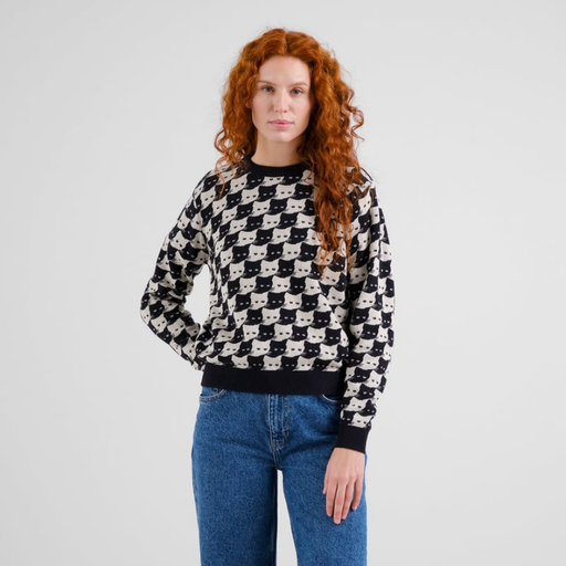 Dedicated peysa Sweater Arendal Pepita Cats Oat White Rainy Day,